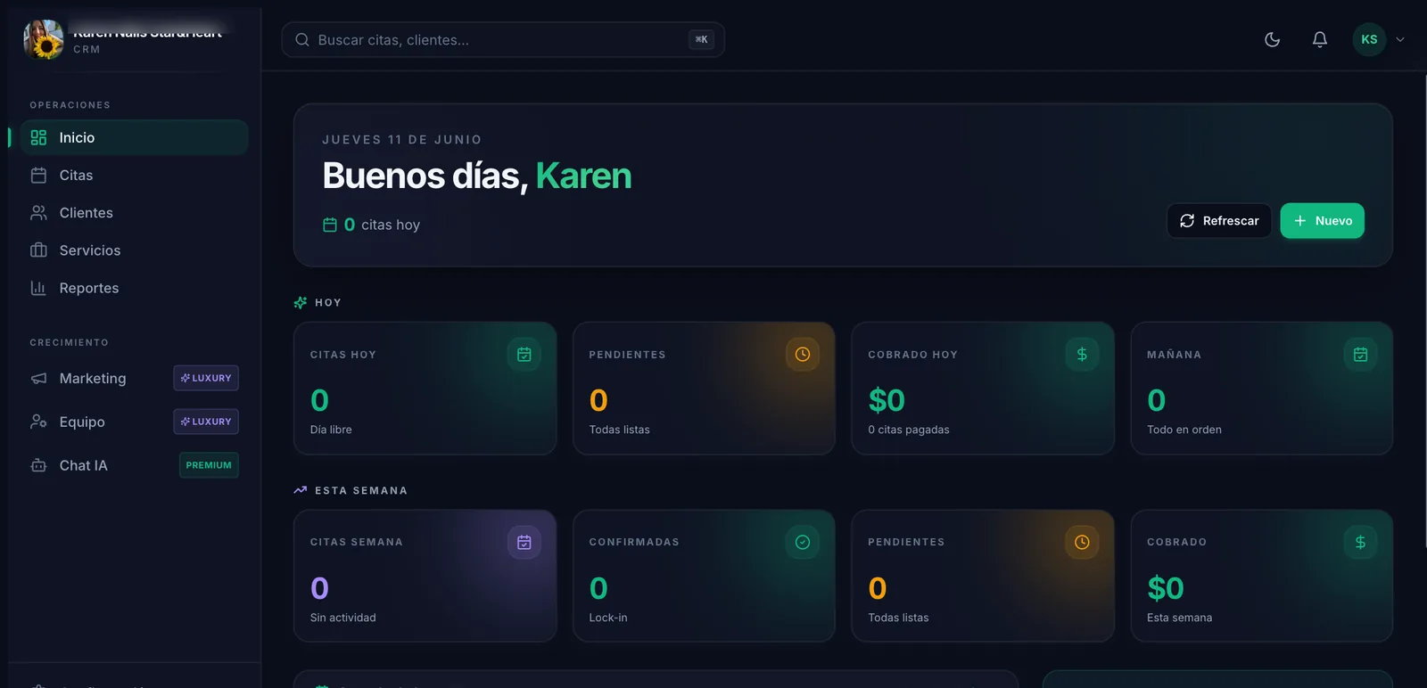 Panel real de VYLTA: saludo del día, citas de hoy, pendientes y total cobrado