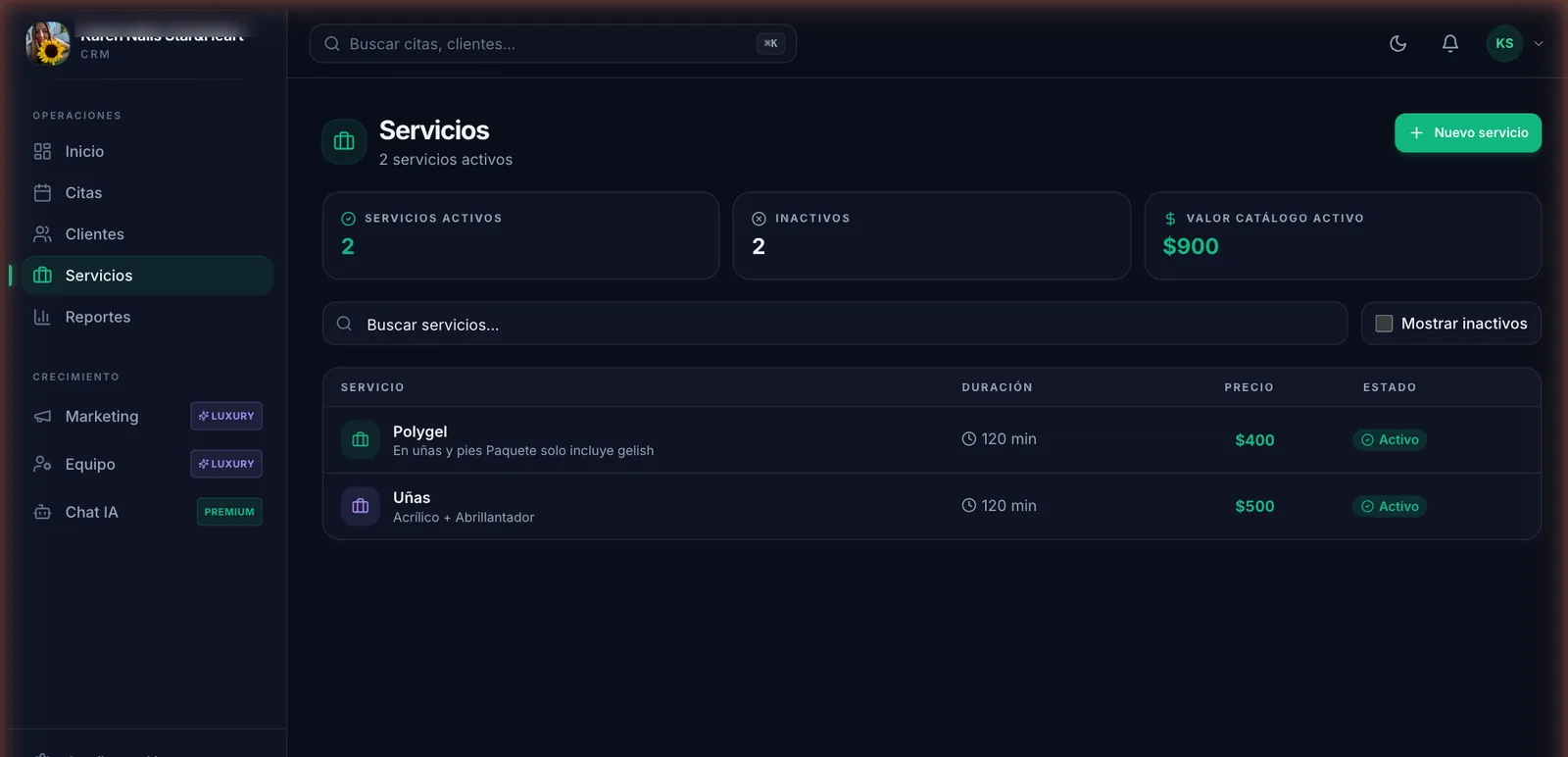 Catálogo real de servicios en VYLTA con duración, precio y estado activo
